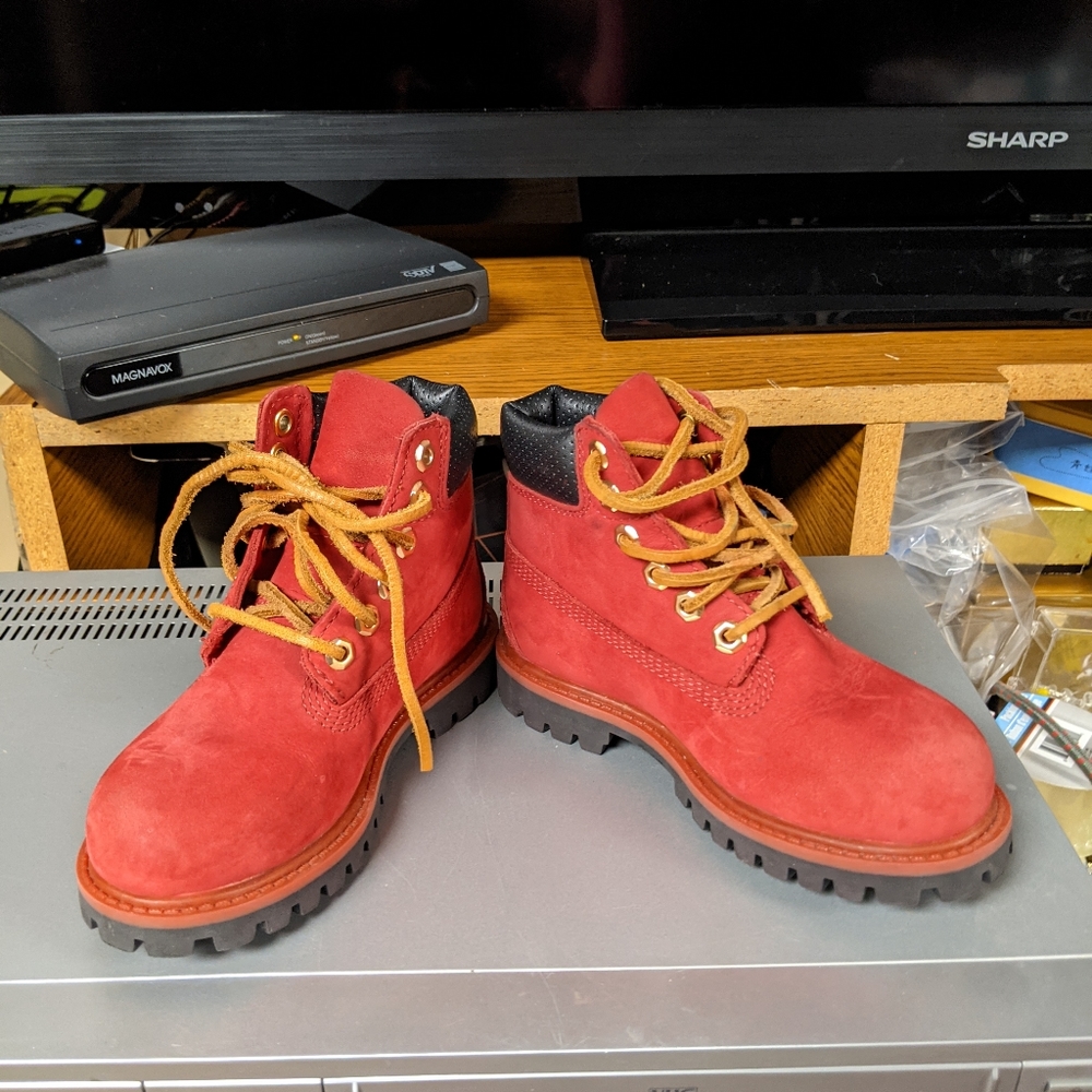 Kids red timberland boots